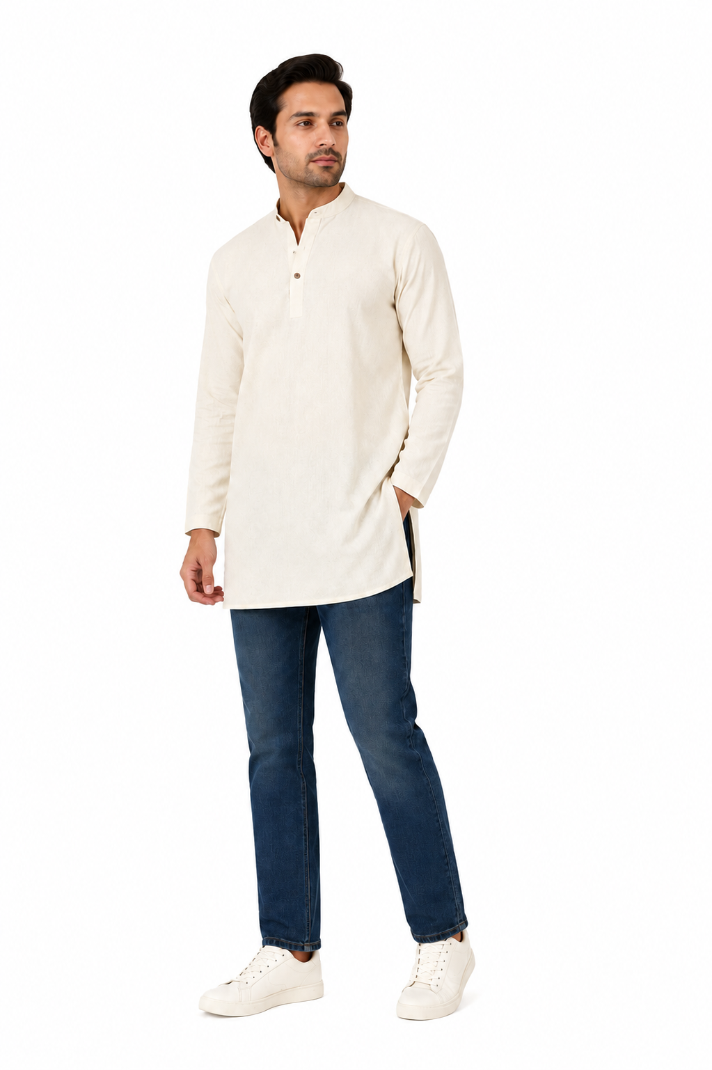 Handmade Men's  Khadi Cotton Thigh Length Kurta Tunic Shirt Off-White