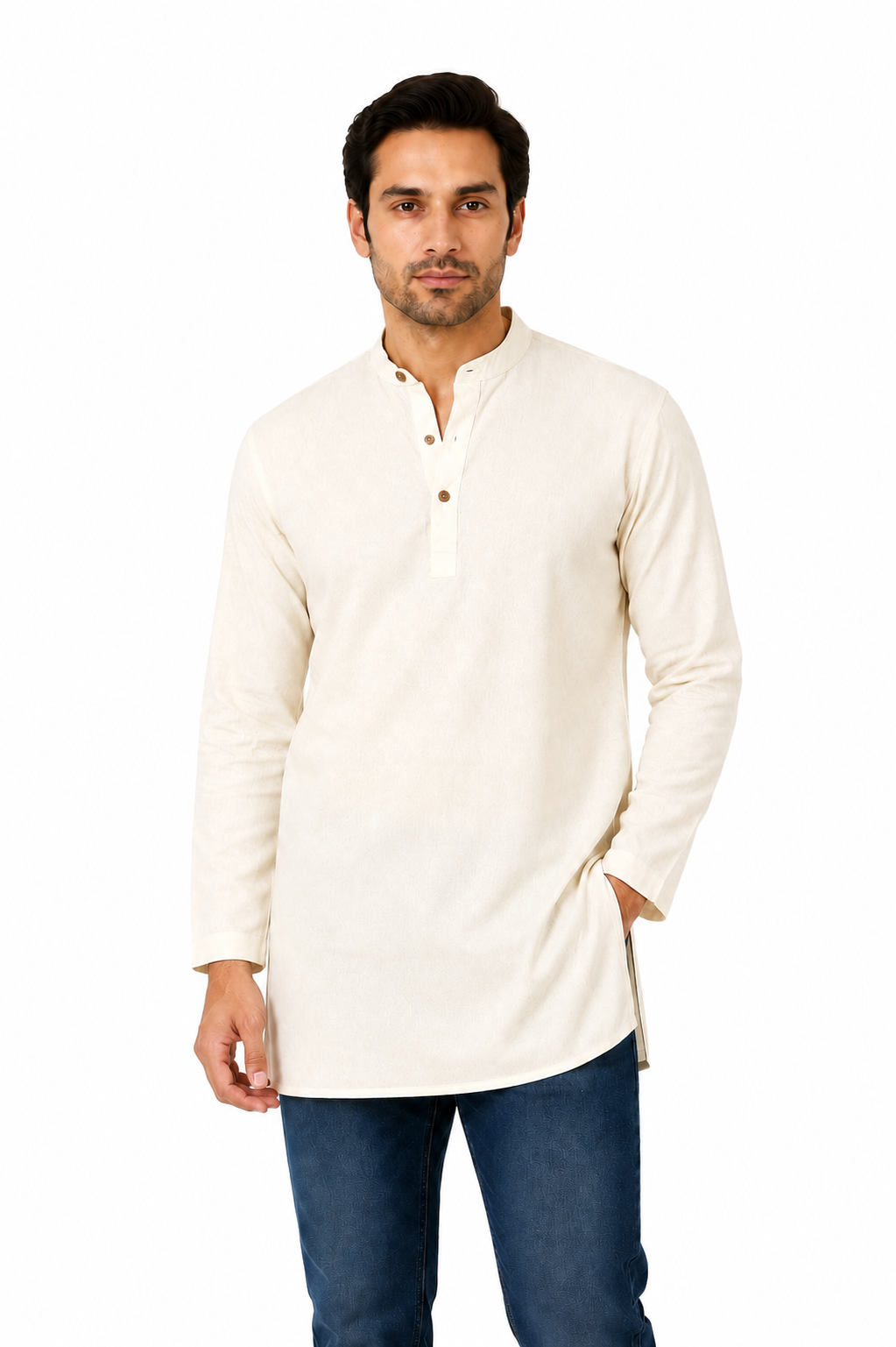 Handmade Men's  Khadi Cotton Thigh Length Kurta Tunic Shirt Off-White