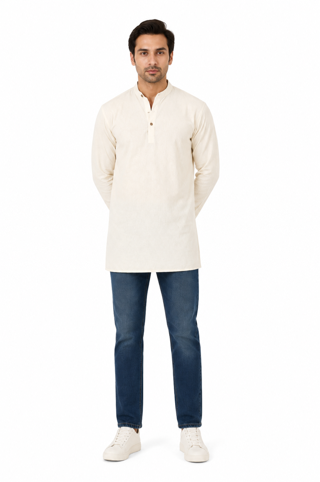 Handmade Men's  Khadi Cotton Thigh Length Kurta Tunic Shirt Off-White
