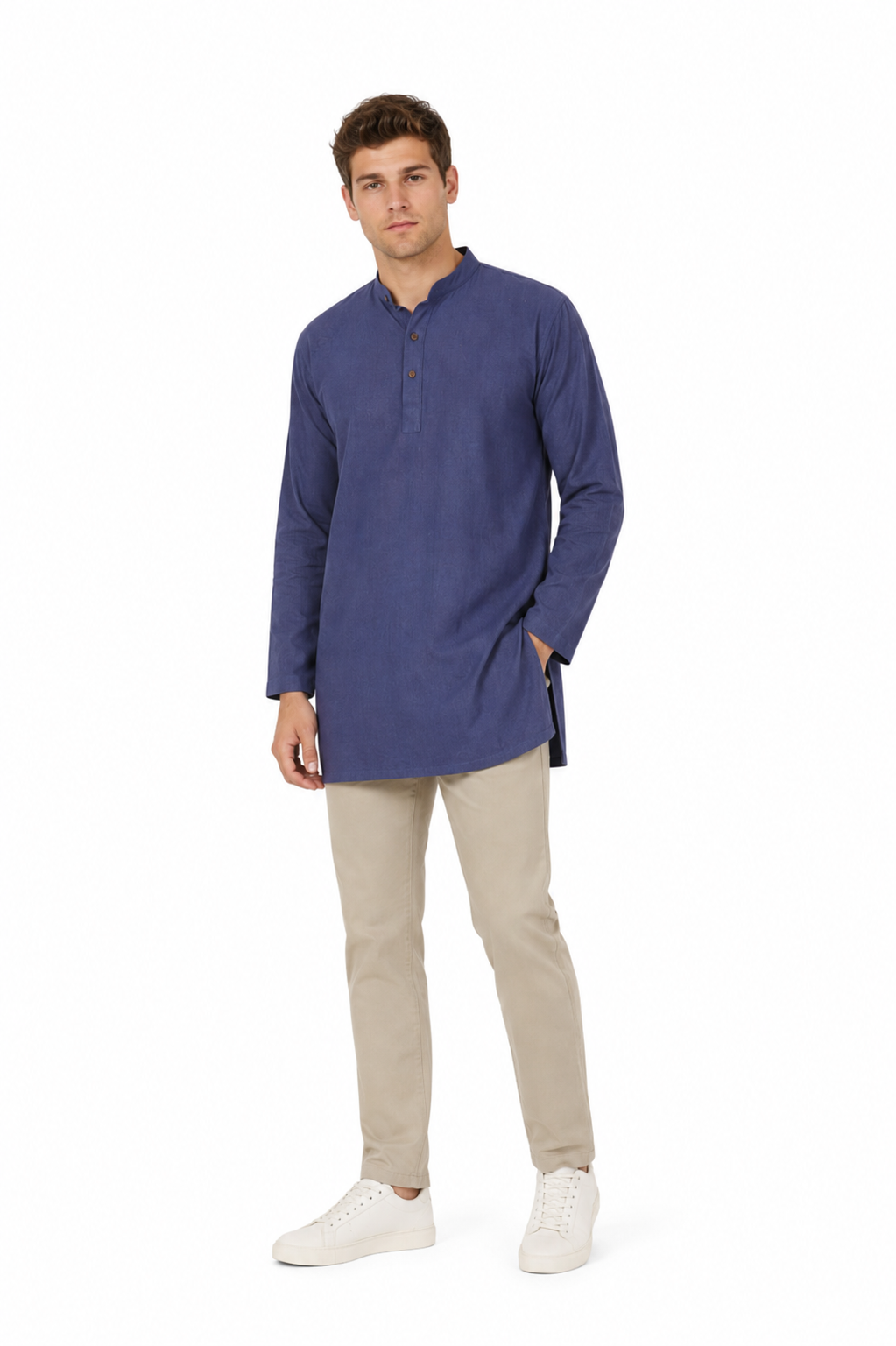 Handmade Men's  Khadi Cotton Thigh Length Kurta Tunic Shirt Blue