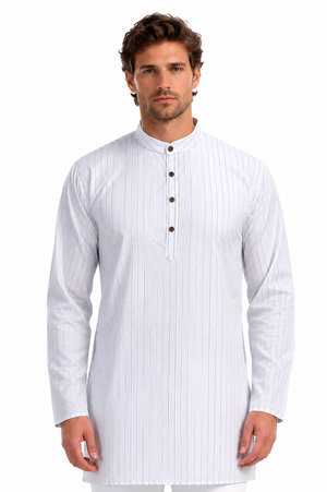 In-Sattva Men's Handloom Cotton Vintage Pinstriped Thigh-Length Kurta Tunic; Striped Blue