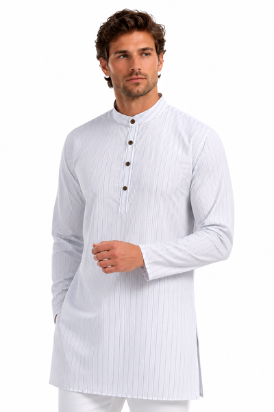 In-Sattva Men's Handloom Cotton Vintage Pinstriped Thigh-Length Kurta Tunic; Striped Blue
