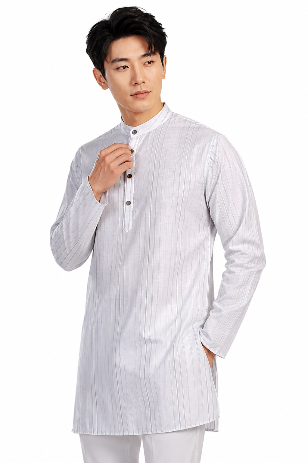 In-Sattva Men's Handloom Cotton Vintage Pinstriped Thigh-Length Kurta Tunic; Striped Green