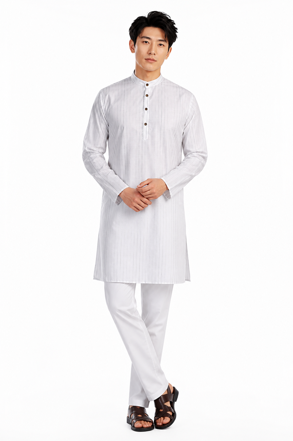 In-Sattva Men's Handloom Cotton Vintage Pinstriped Thigh-Length Kurta Tunic; Striped Green