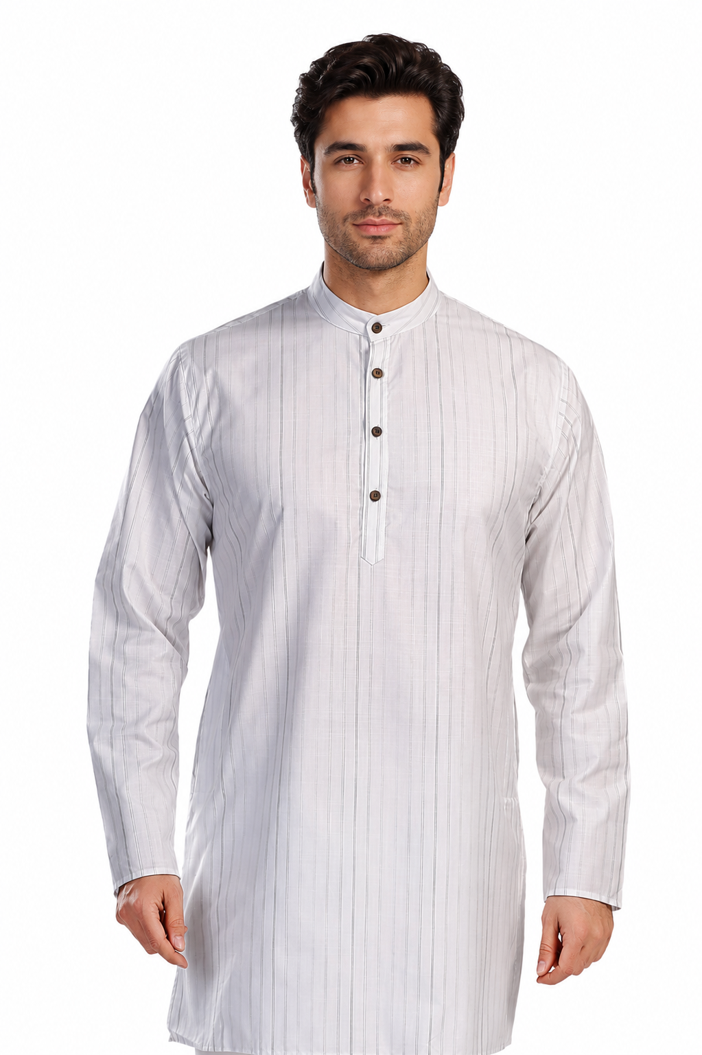 In-Sattva Men's Handloom Cotton Vintage Pinstriped Thigh-Length Kurta Tunic; Striped Magenta