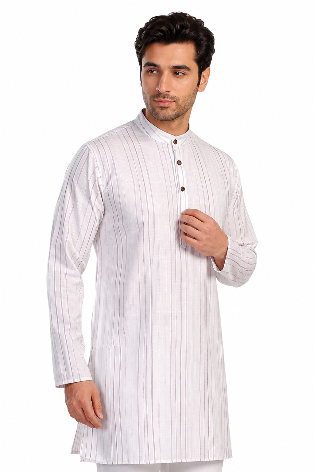 In-Sattva Men's Handloom Cotton Vintage Pinstriped Thigh-Length Kurta Tunic; Striped Magenta