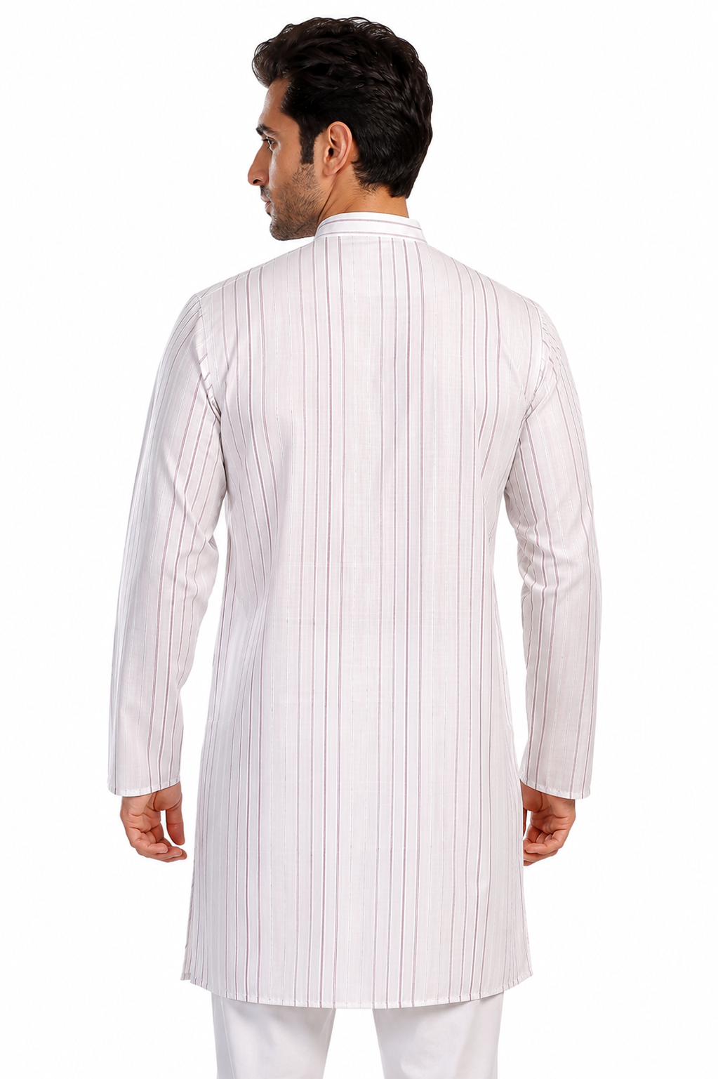 In-Sattva Men's Handloom Cotton Vintage Pinstriped Thigh-Length Kurta Tunic; Striped Magenta