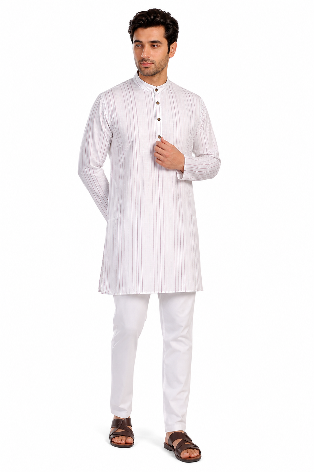 In-Sattva Men's Handloom Cotton Vintage Pinstriped Thigh-Length Kurta Tunic; Striped Magenta