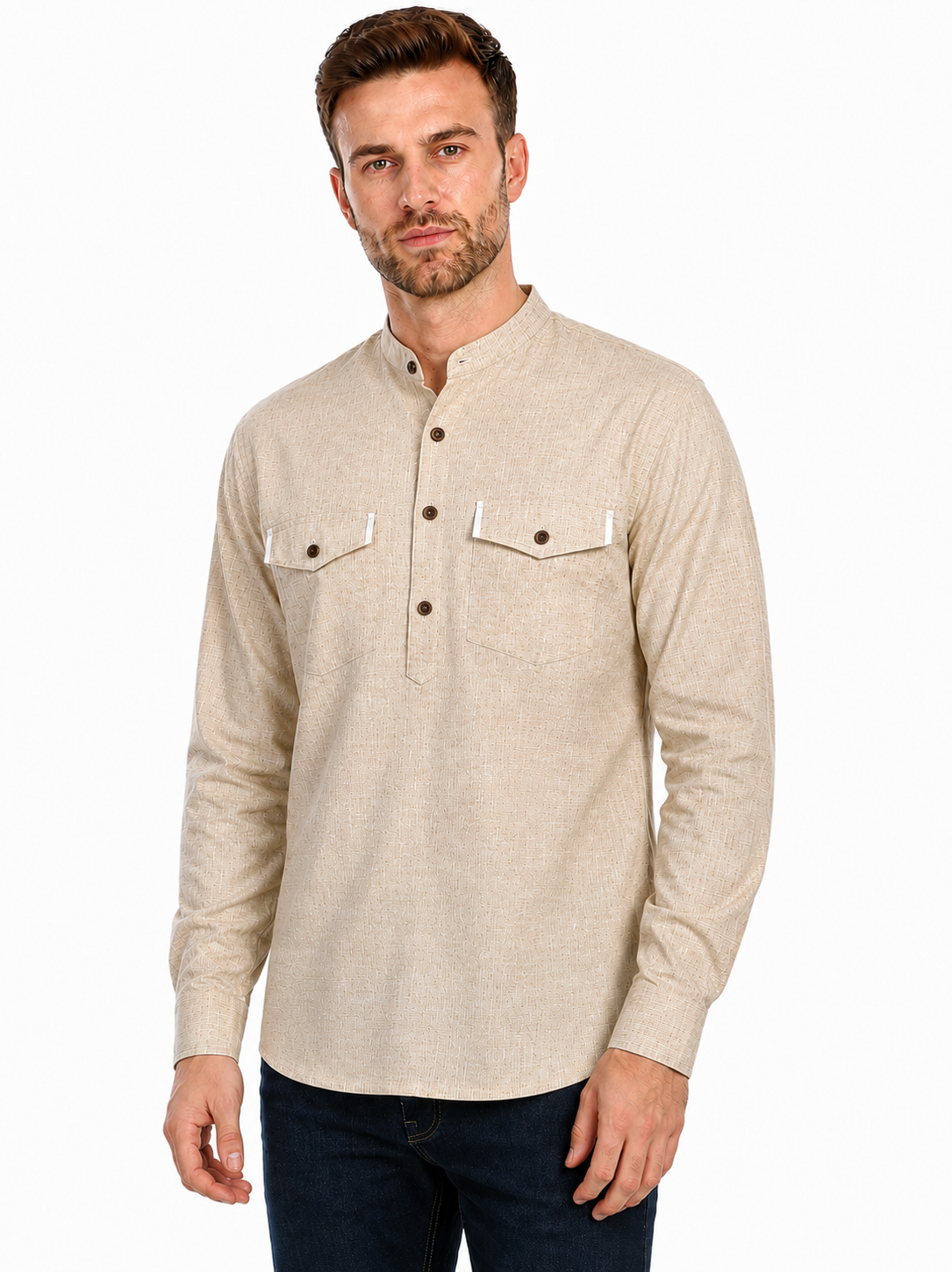 In-Sattva Men's Double-Breasted Pullover Sattva-Collar Henley Style Kurta Tunic; Espresso Brown