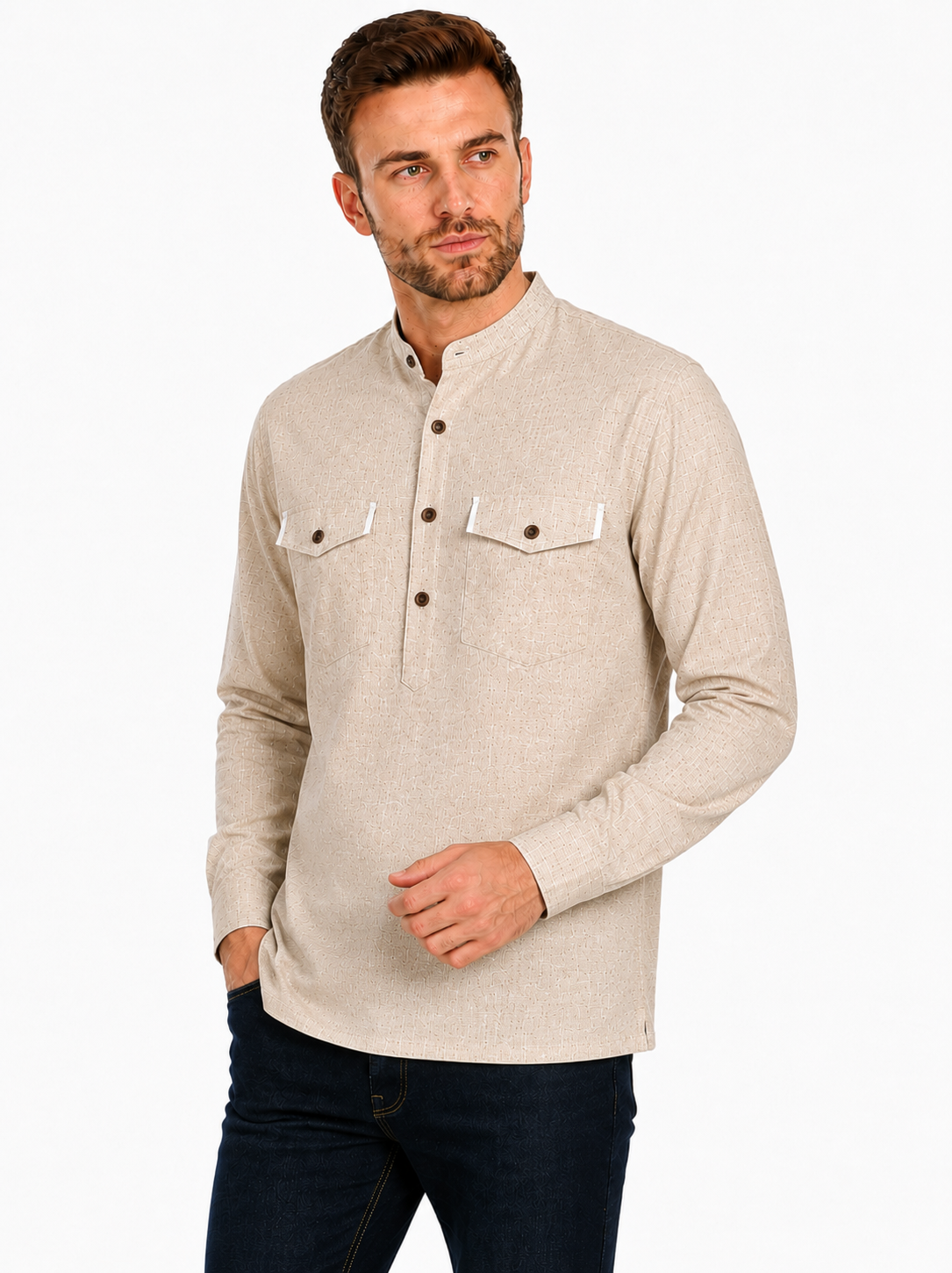 In-Sattva Men's Double-Breasted Pullover Sattva-Collar Henley Style Kurta Tunic; Espresso Brown