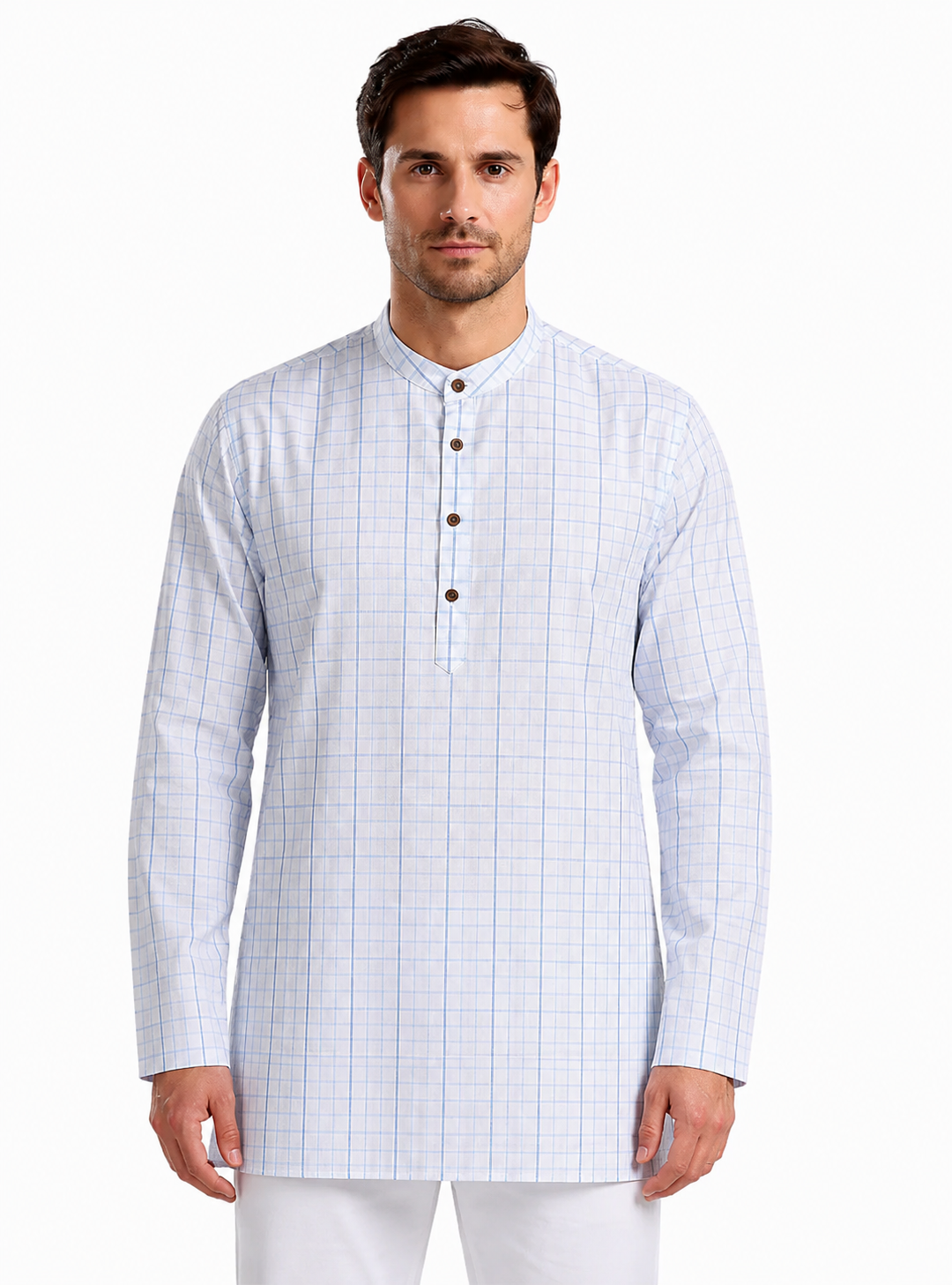 In-Sattva Men's Classic Cotton Checkered Sattva-Collar Thigh-Length Kurta Tunic; Checkered Blue