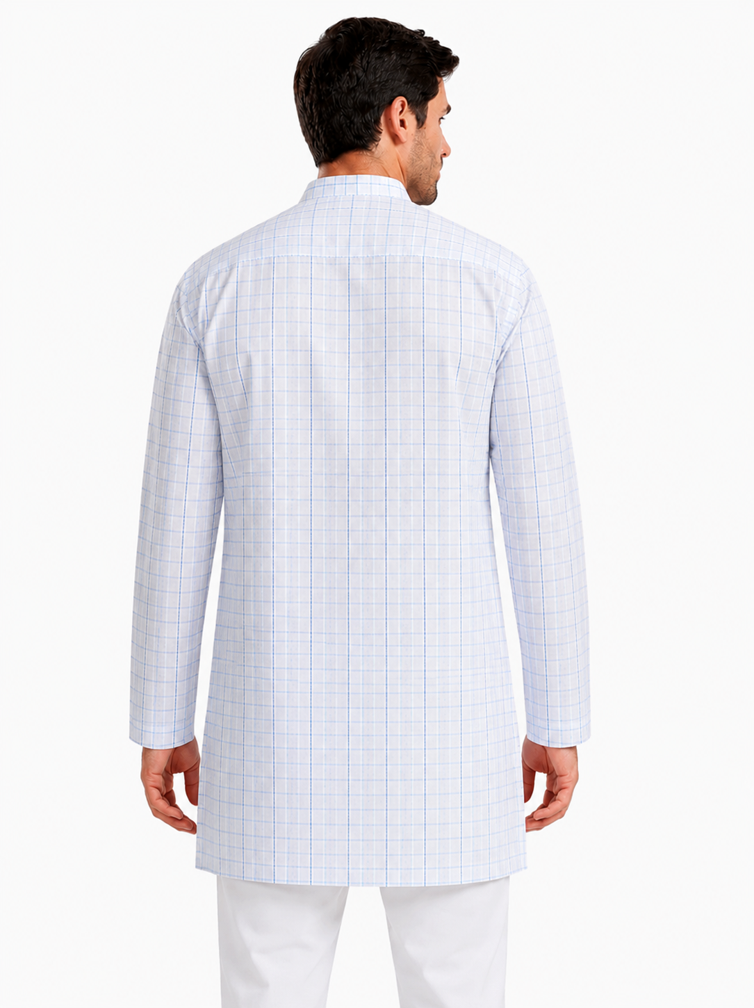 In-Sattva Men's Classic Cotton Checkered Sattva-Collar Thigh-Length Kurta Tunic; Checkered Blue