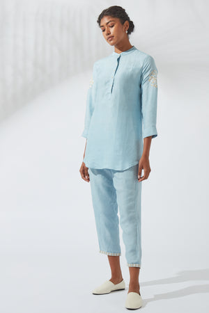 Women's Bohemian Classic Linen Silk Crystal Blue Tunic Top