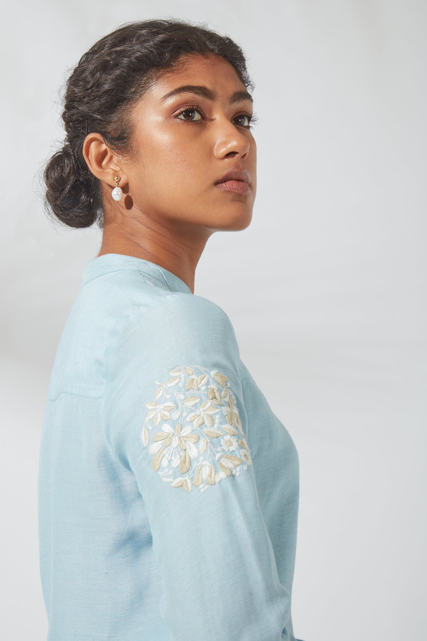 Women's Bohemian Classic Linen Silk Crystal Blue Tunic Top