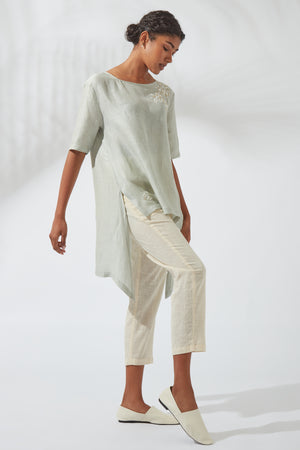 Women's Bohemian Classic Silk Linen Gray Embroidered High-Low Top