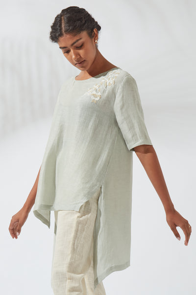 Women's Bohemian Classic Silk Linen Gray Embroidered High-Low Top