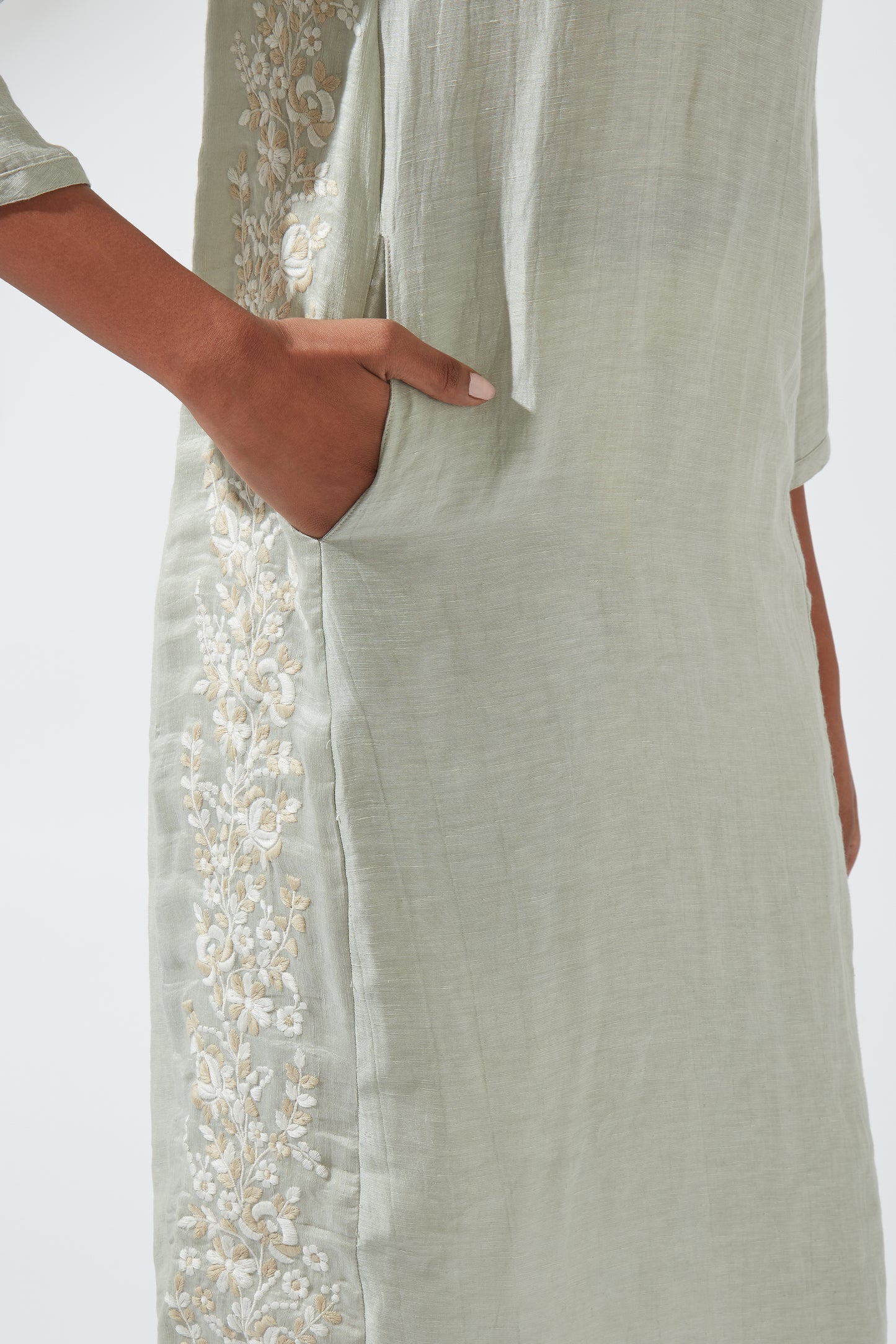 Women's Bohemian Classic Silk Linen Gray Embroidered Kurta Shift Dress