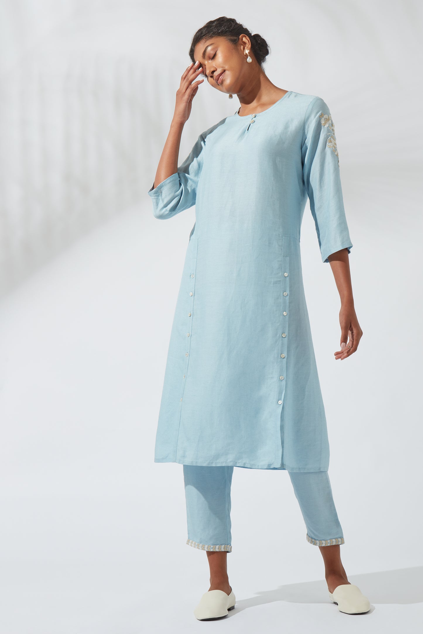 Women's Bohemian Classic Silk Linen Crystal Blue Functional Kurta Dress