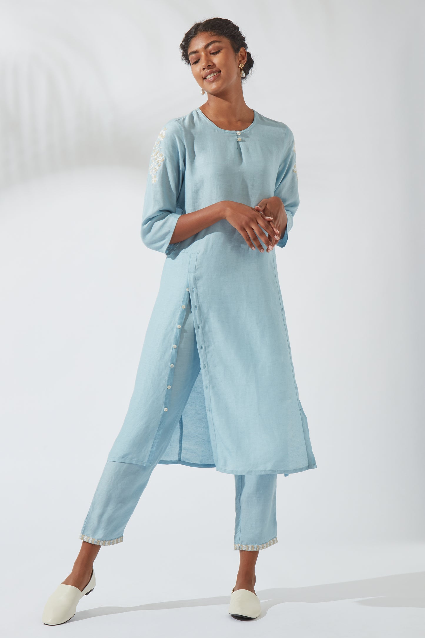 Women's Bohemian Classic Silk Linen Crystal Blue Functional Kurta Dress