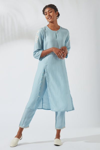 Women's Bohemian Classic Silk Linen Crystal Blue Functional Kurta Dress