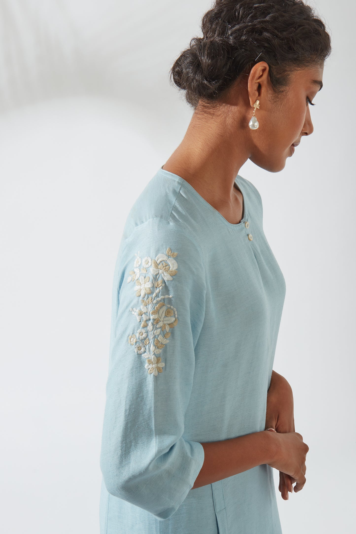 Women's Bohemian Classic Silk Linen Crystal Blue Functional Kurta Dress