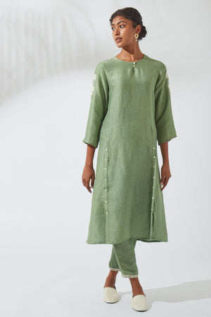Women's Bohemian Classic Silk Linen Forest Green Functional Kurta Dress
