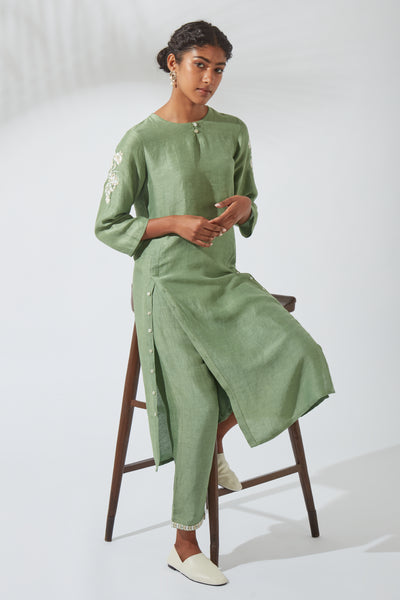 Women's Bohemian Classic Silk Linen Forest Green Functional Kurta Dress