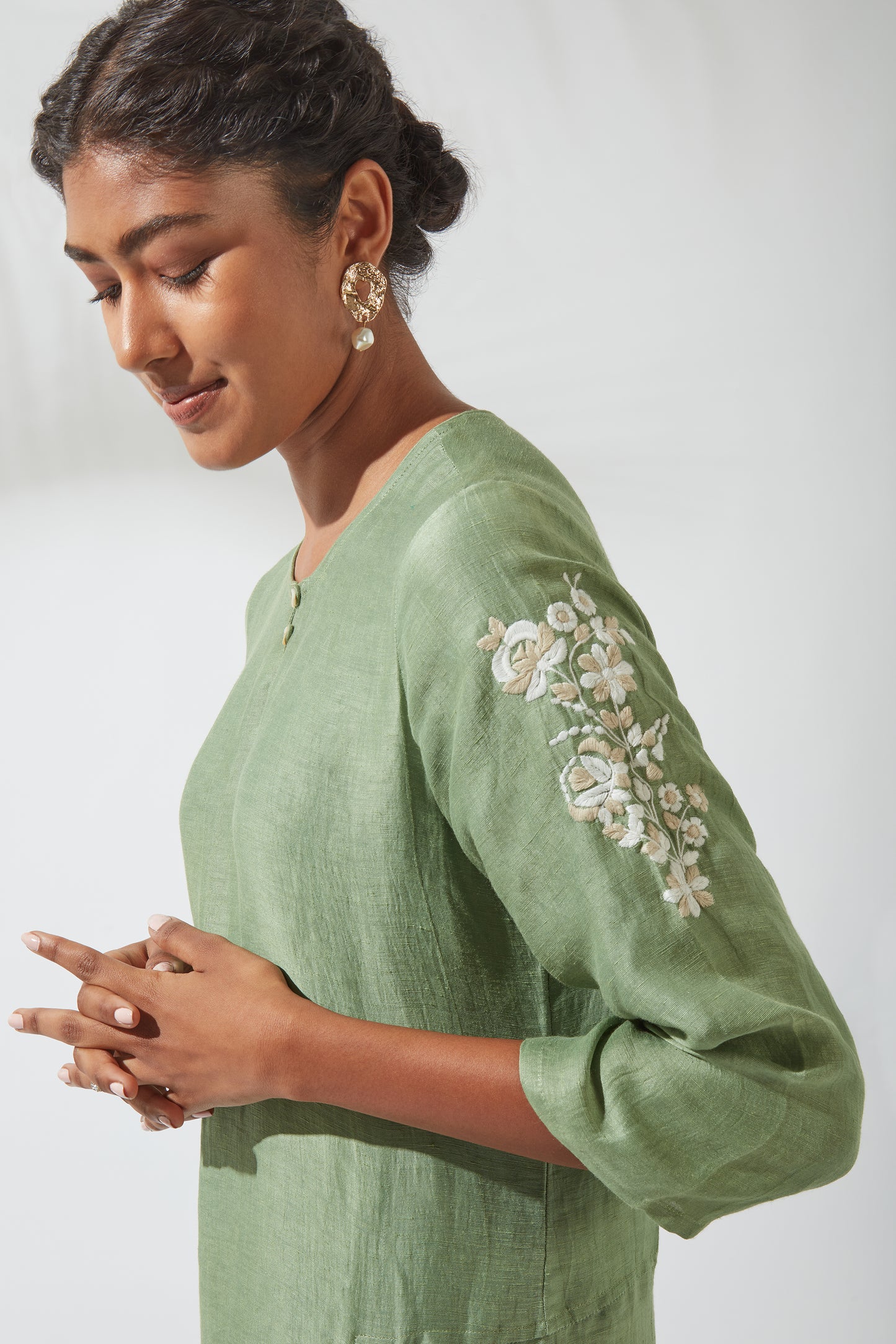 Women's Bohemian Classic Silk Linen Forest Green Functional Kurta Dress
