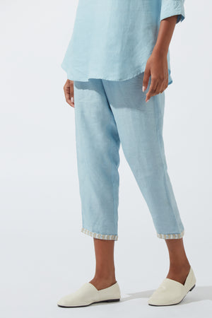 Women's Bohemian Classic Satin Linen Crystal Blue Straight Pants