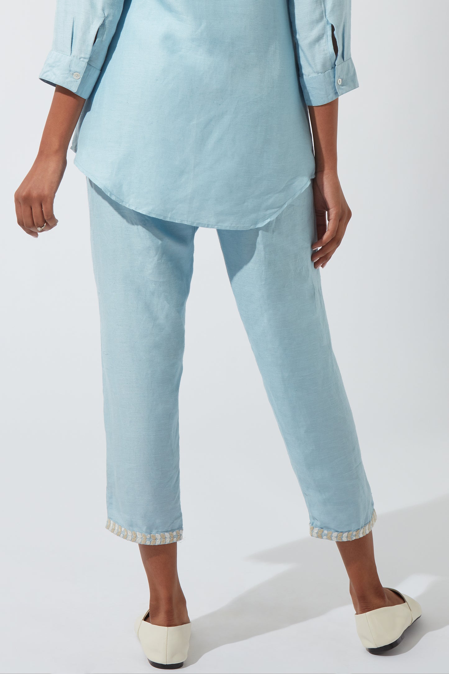 Women's Bohemian Classic Satin Linen Crystal Blue Straight Pants