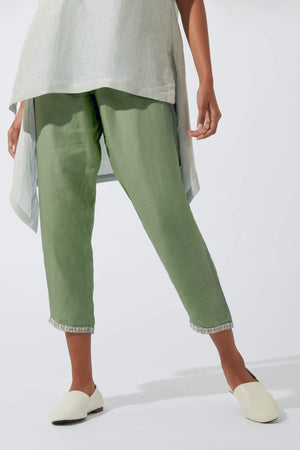 Women's Bohemian Classic Satin Linen Forest Green Straight Pants