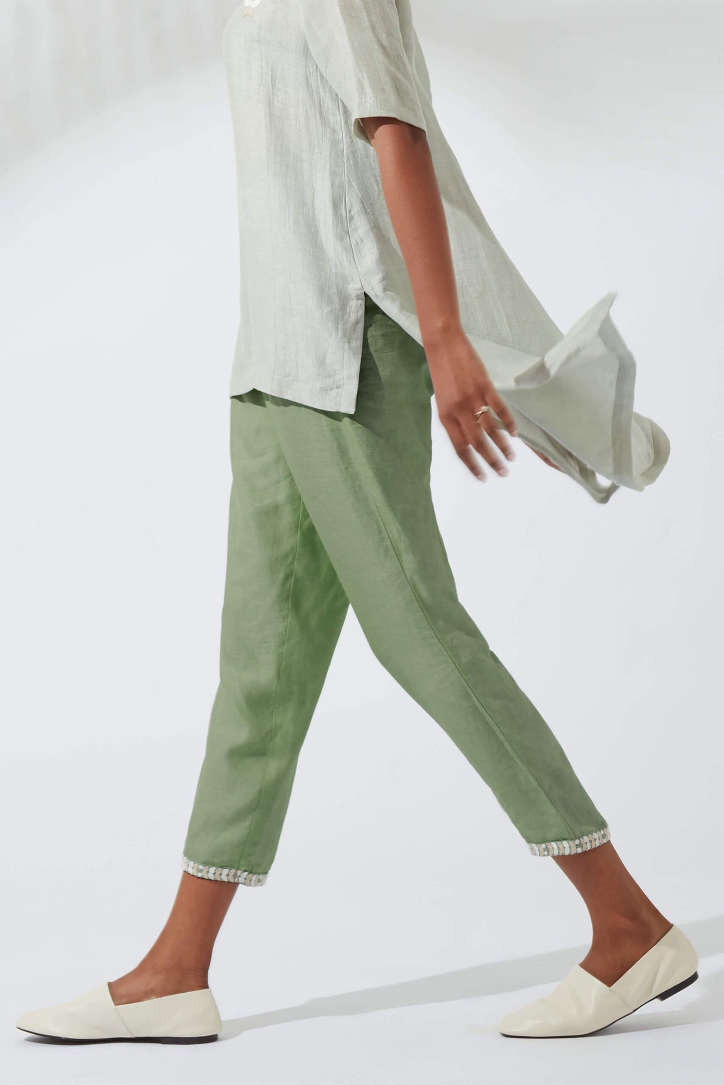 Women's Bohemian Classic Satin Linen Forest Green Straight Pants