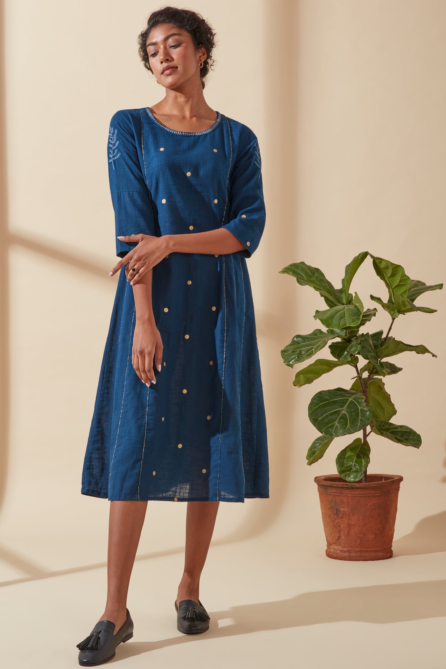 Women's Bohemian Classic 100% Cotton Indigo and Gold Detail Kurta