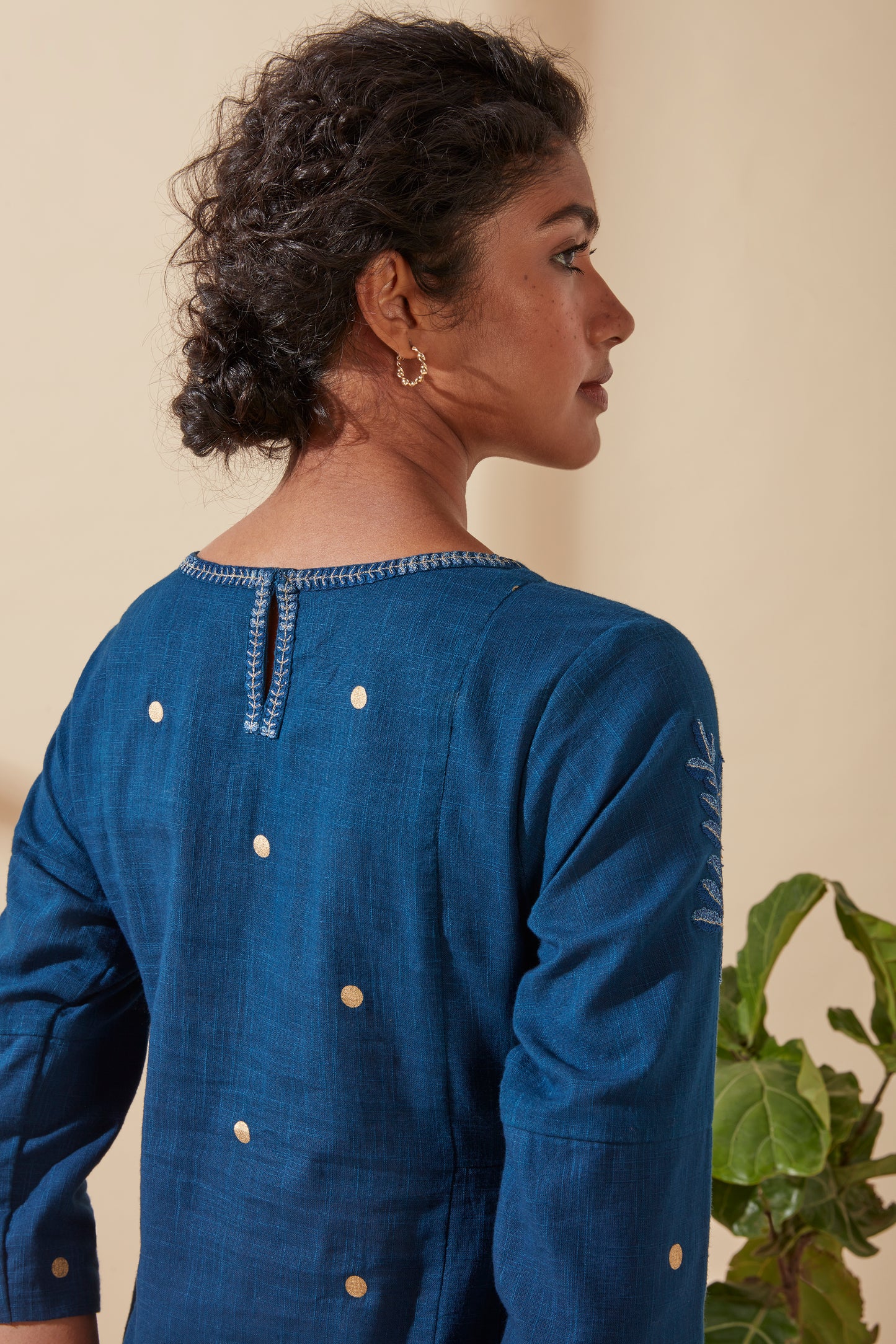 Women's Bohemian Classic 100% Cotton Indigo and Gold Detail Kurta