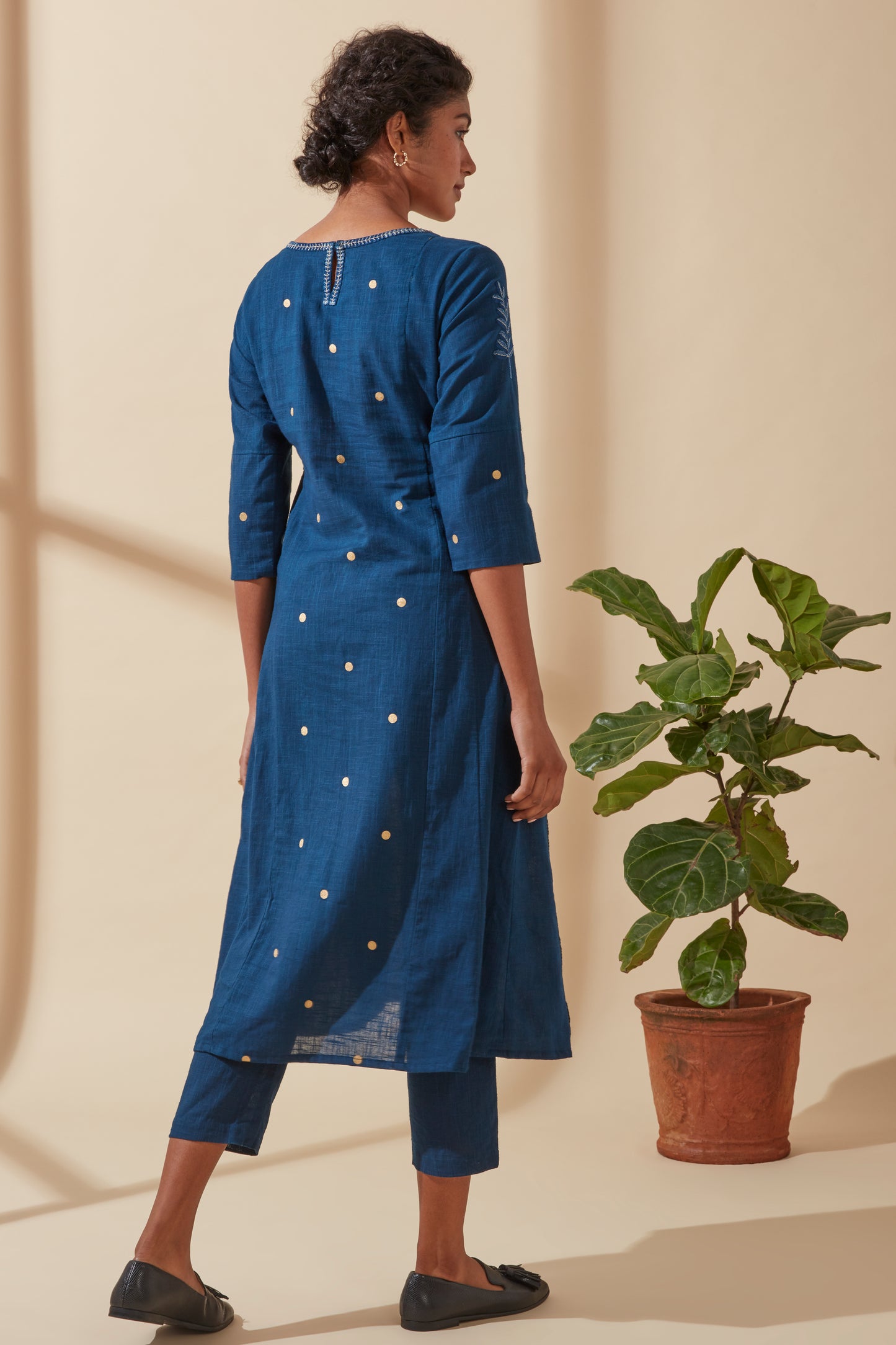 Women's Bohemian Classic 100% Cotton Indigo and Gold Detail Kurta