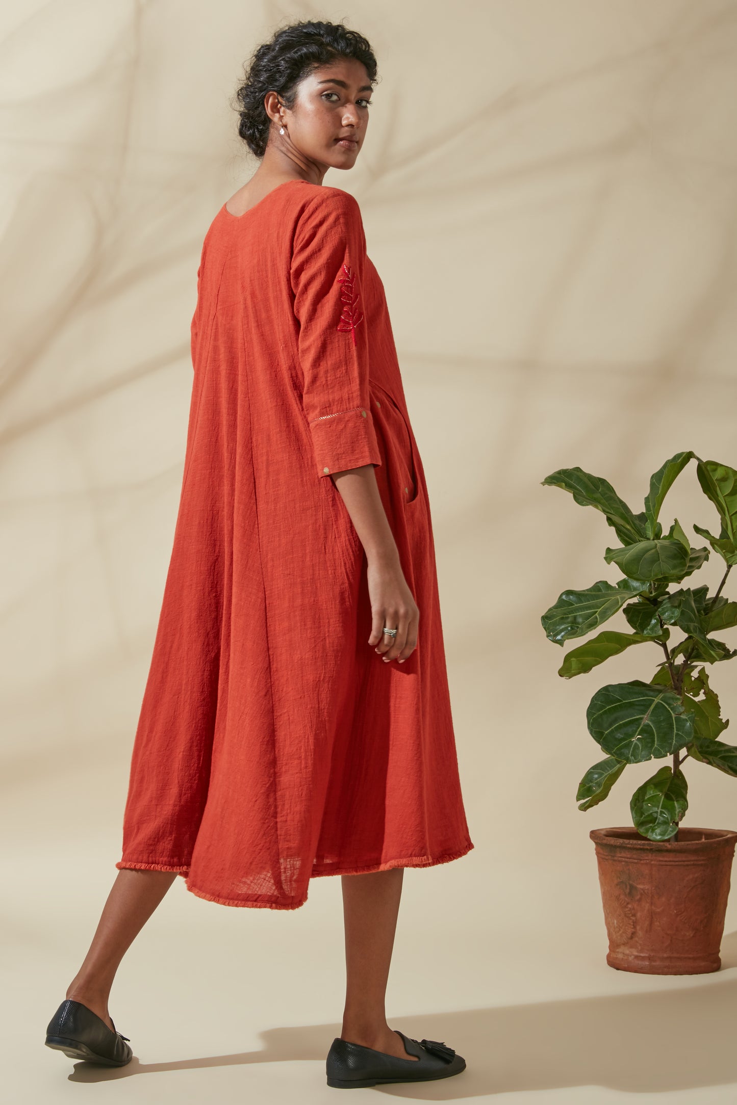 Women's Bohemian Classic 100% Cotton Crimson and Gold Embroidered Kurta Dress