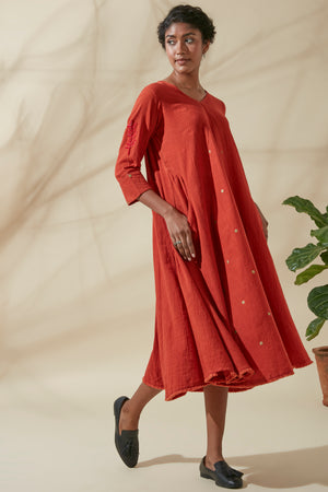 Women's Bohemian Classic 100% Cotton Crimson and Gold Embroidered Kurta Dress