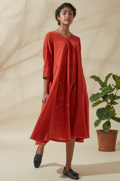 Women's Bohemian Classic 100% Cotton Crimson and Gold Embroidered Kurta Dress