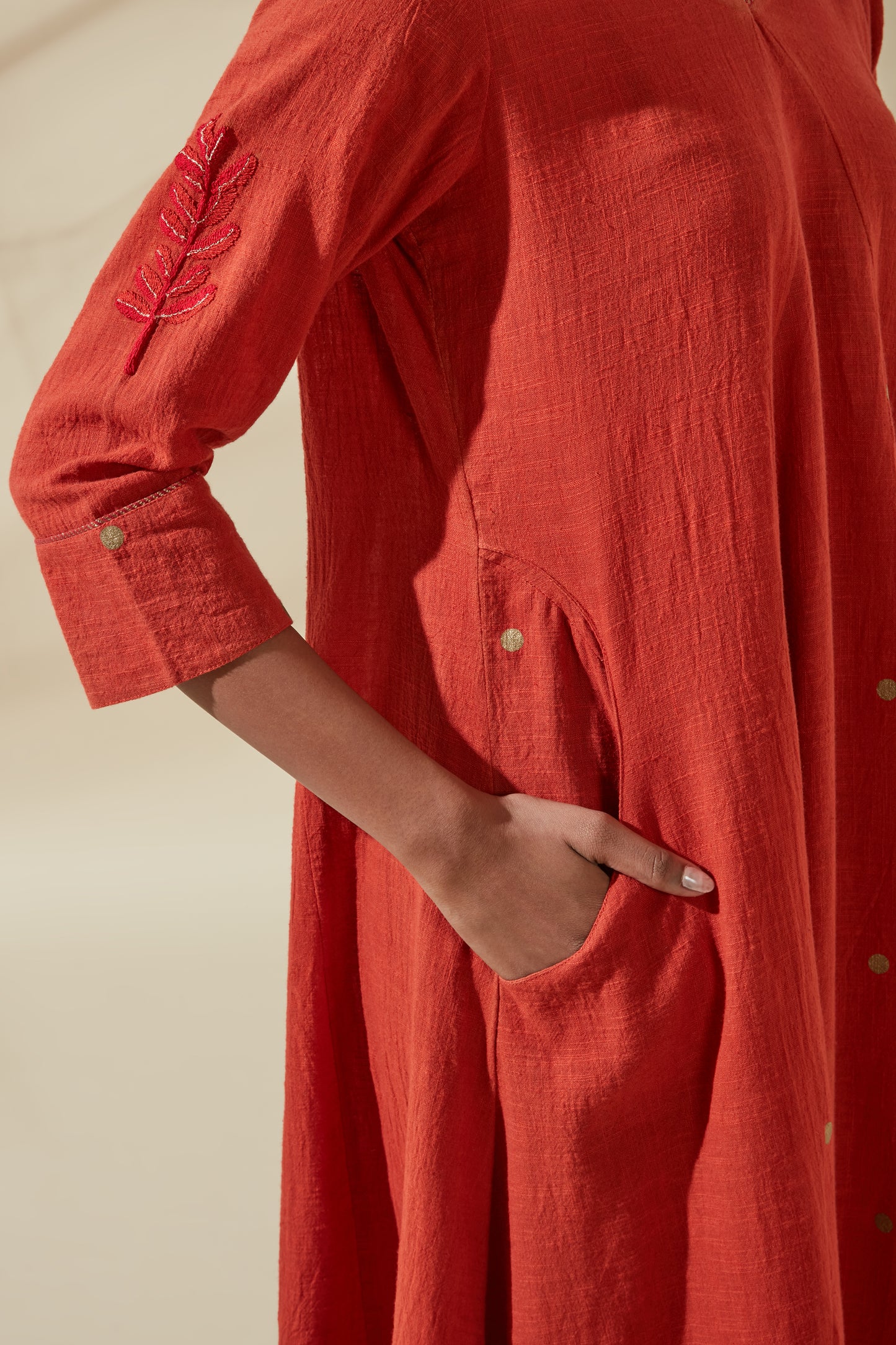Women's Bohemian Classic 100% Cotton Crimson and Gold Embroidered Kurta Dress