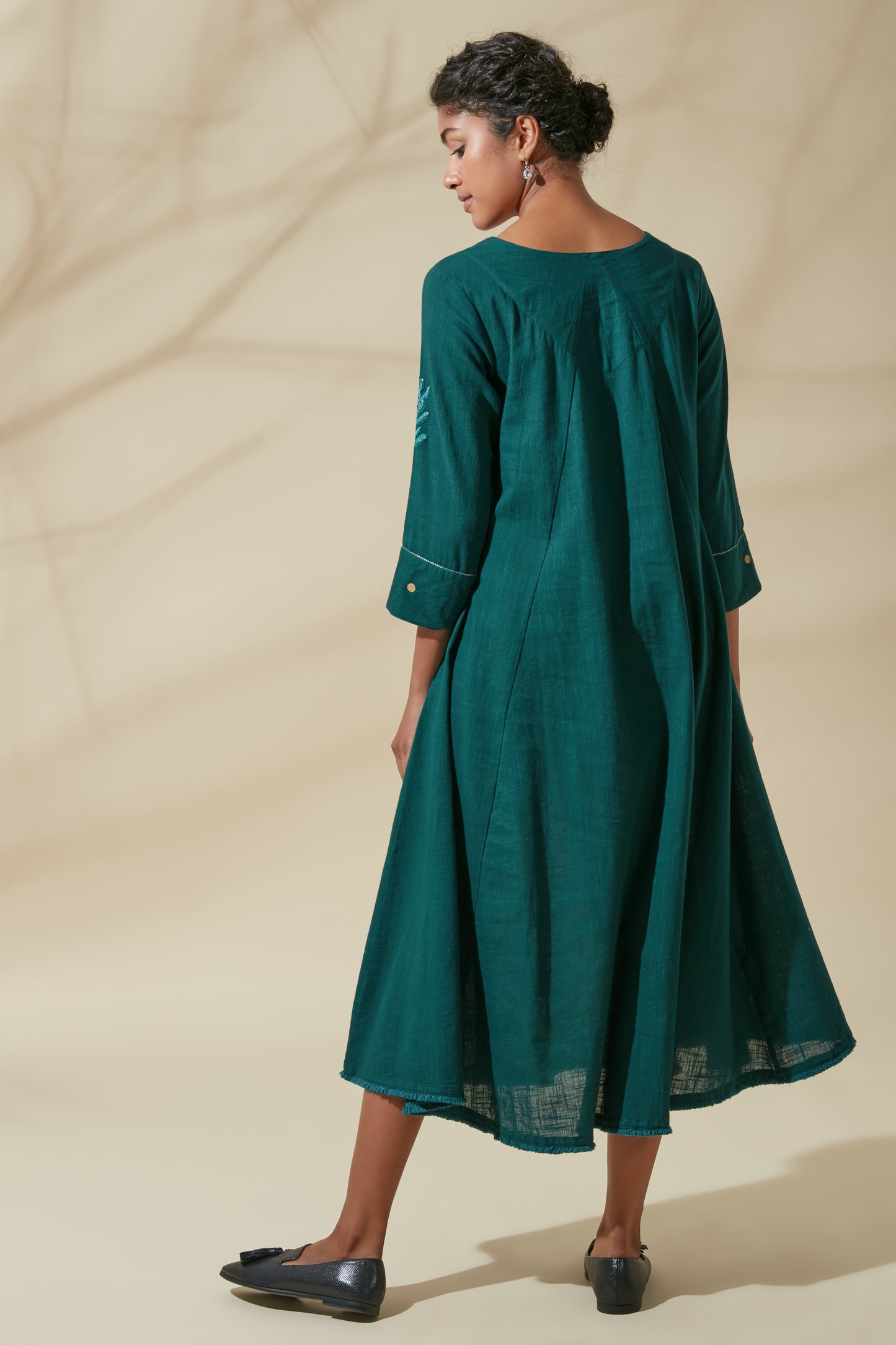 Women's Bohemian Classic 100% Cotton Teal and Gold Embroidered Kurta Dress