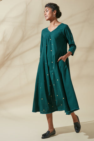 Women's Bohemian Classic 100% Cotton Teal and Gold Embroidered Kurta Dress