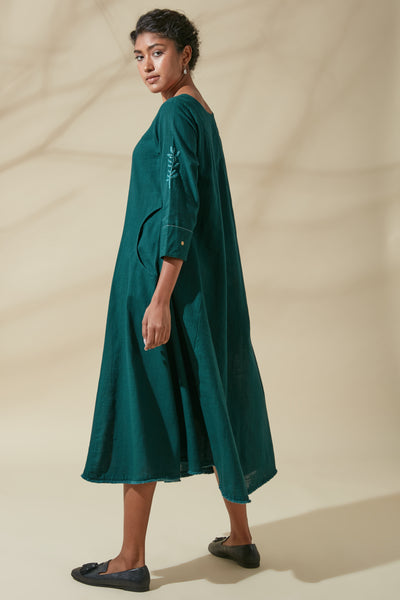 Women's Bohemian Classic 100% Cotton Teal and Gold Embroidered Kurta Dress