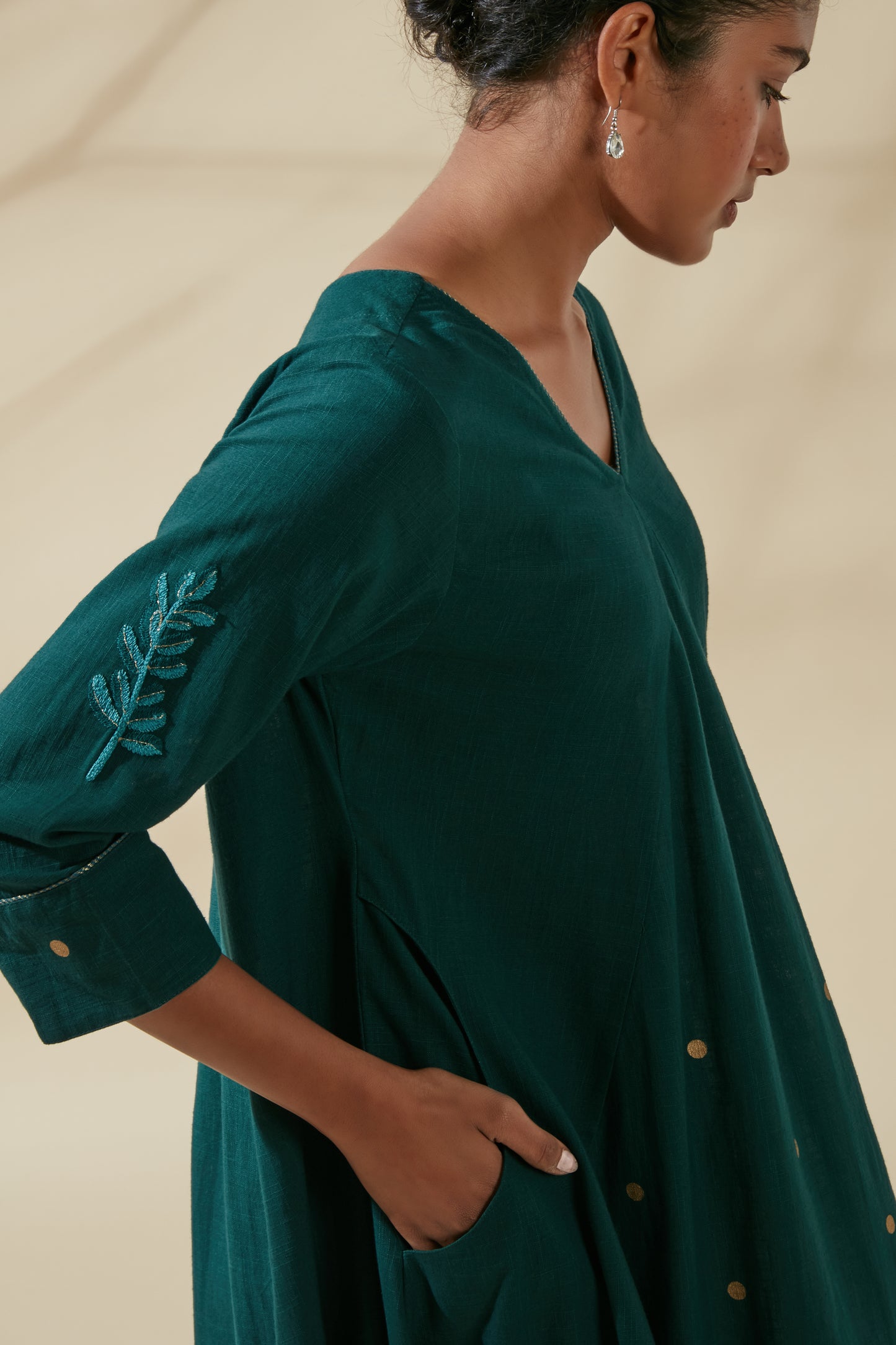 Women's Bohemian Classic 100% Cotton Teal and Gold Embroidered Kurta Dress
