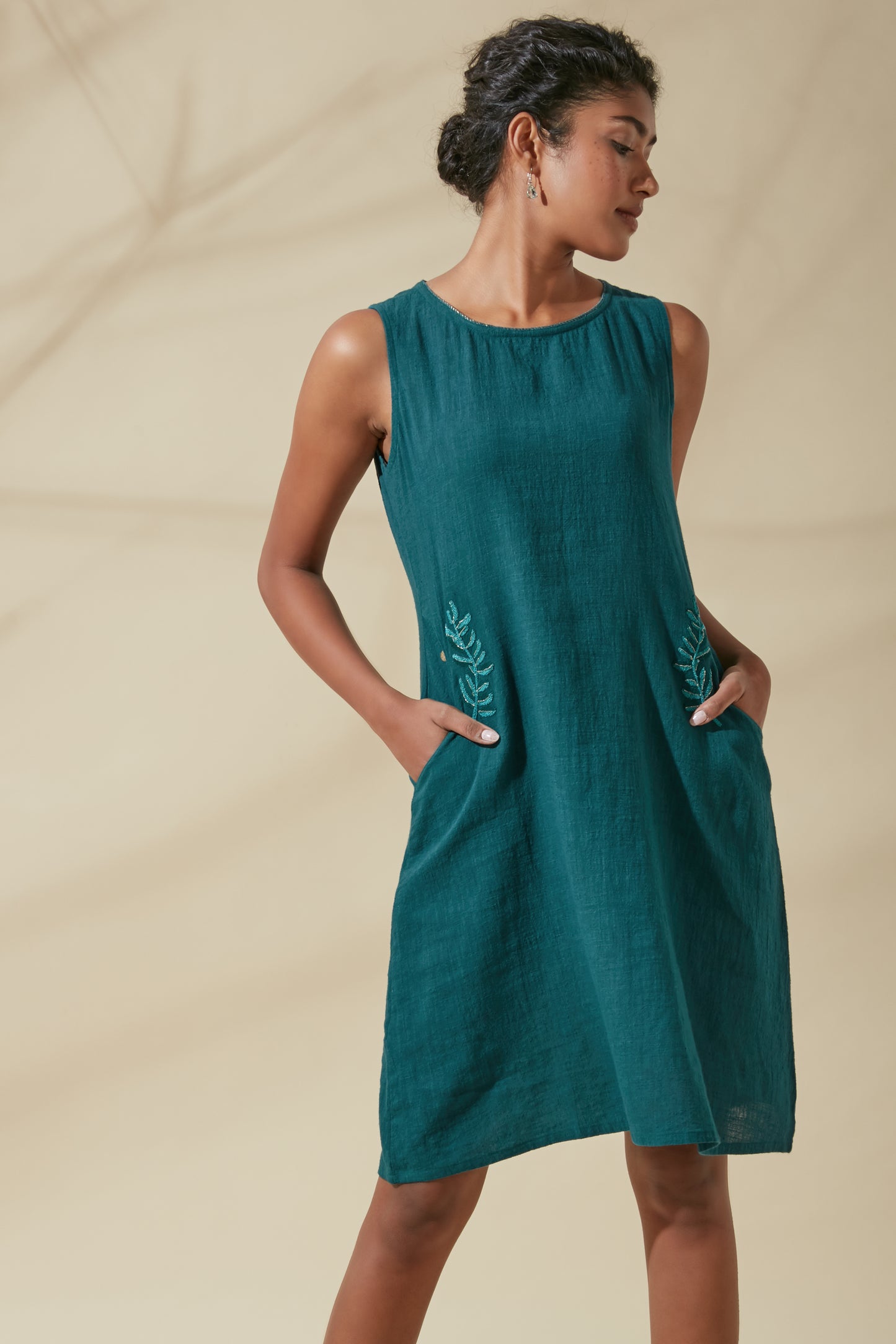 Women's Bohemian Classic 100% Cotton Handwoven Teal Shift Dress