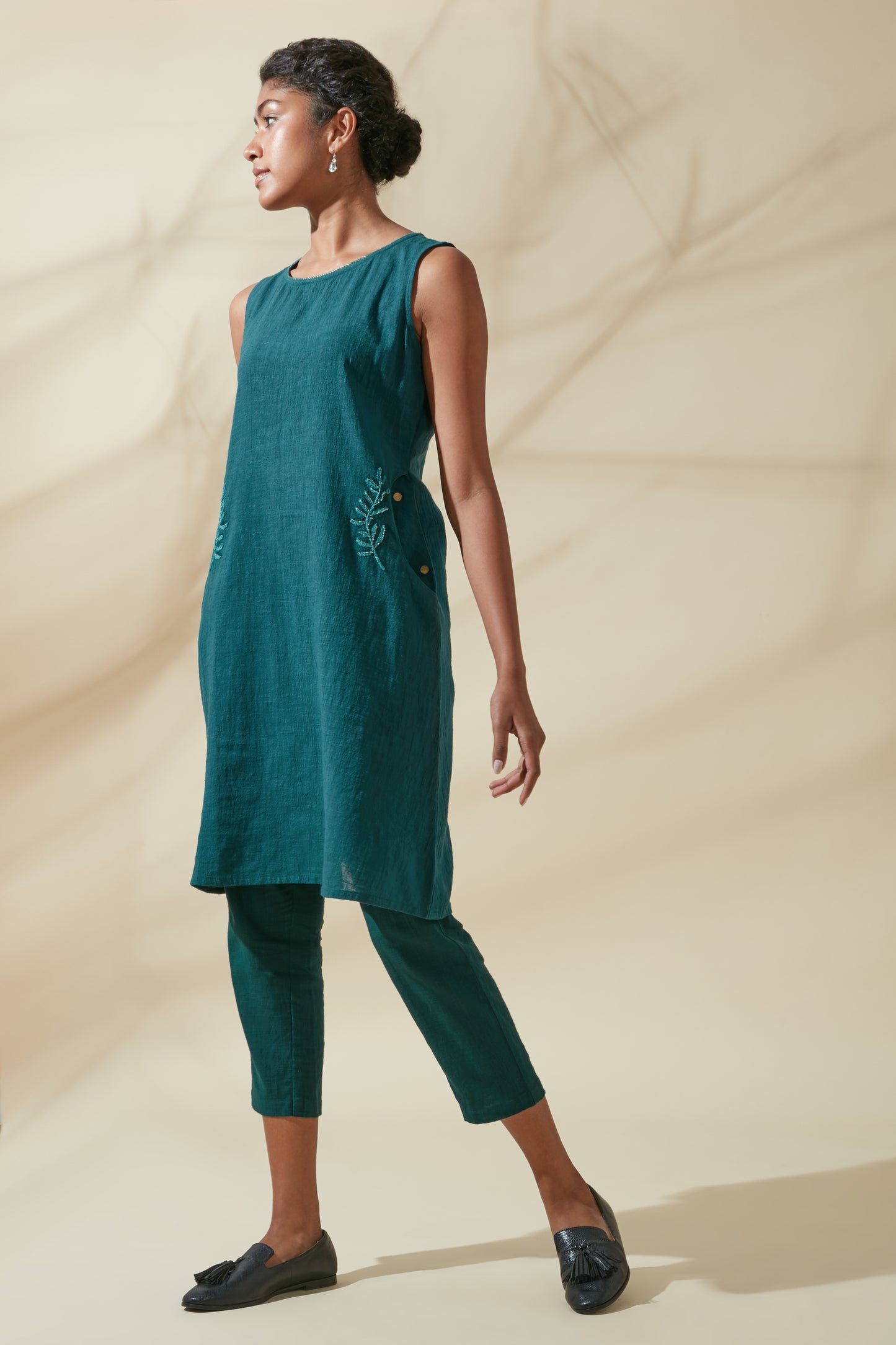 Women's Bohemian Classic 100% Cotton Handwoven Teal Shift Dress