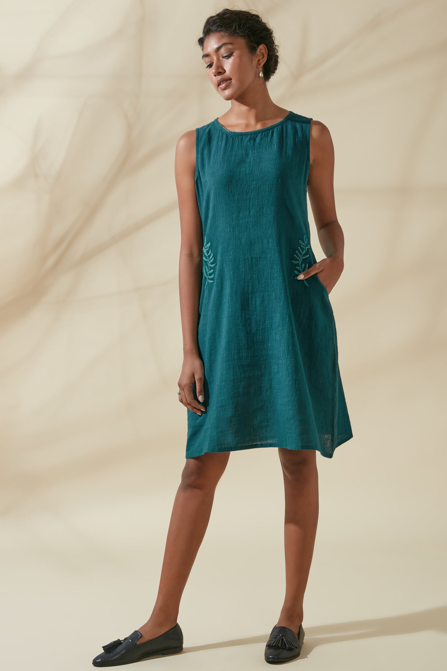 Women's Bohemian Classic 100% Cotton Handwoven Teal Shift Dress