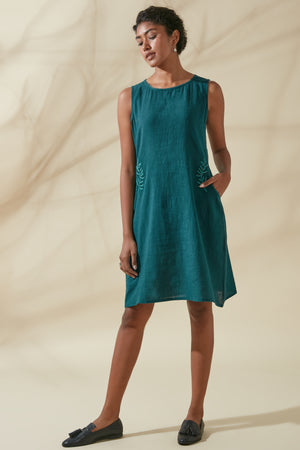 Women's Bohemian Classic 100% Cotton Handwoven Teal Shift Dress