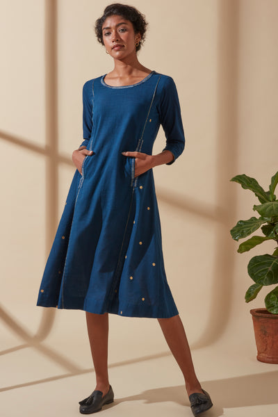 Women's Bohemian Classic 100% Cotton Indigo and Gold Embroidered Kurta with Pockets