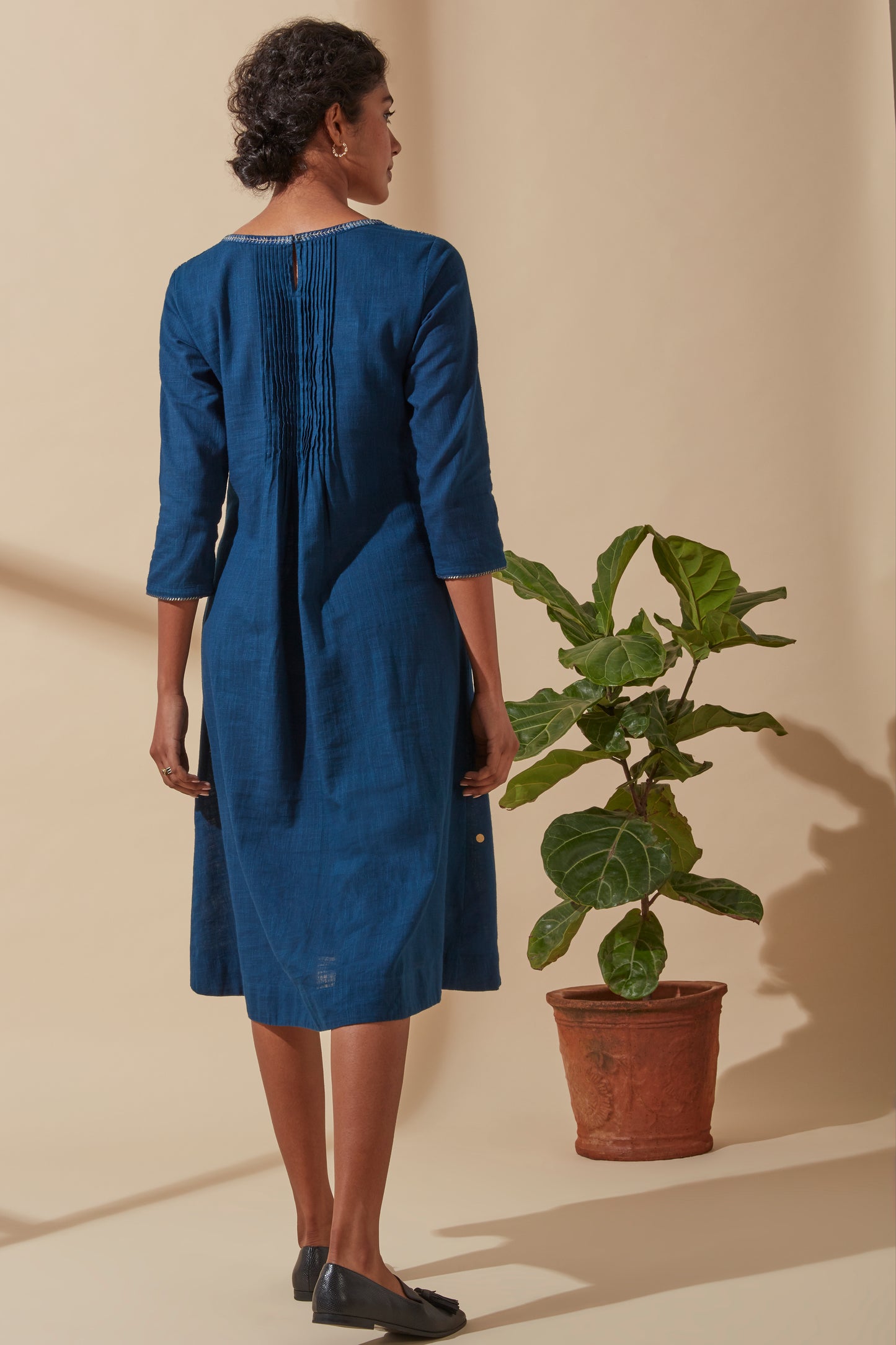 Women's Bohemian Classic 100% Cotton Indigo and Gold Embroidered Kurta with Pockets