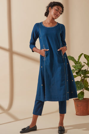 Women's Bohemian Classic 100% Cotton Indigo and Gold Embroidered Kurta with Pockets